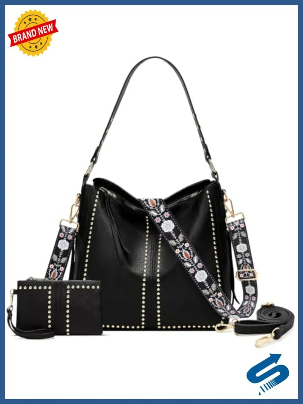 Large Studded Hobo Tote Bag Set with Wallet and 2 Straps